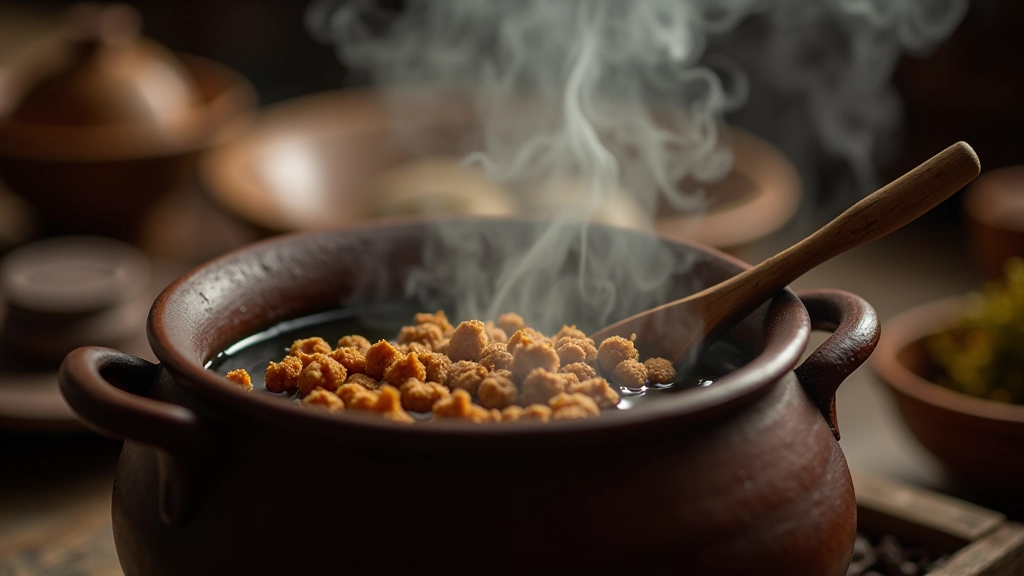 Traditional ceramic dye pot simmering over gentle heat with bundled plant materials steeping in hot water to extract color pigments