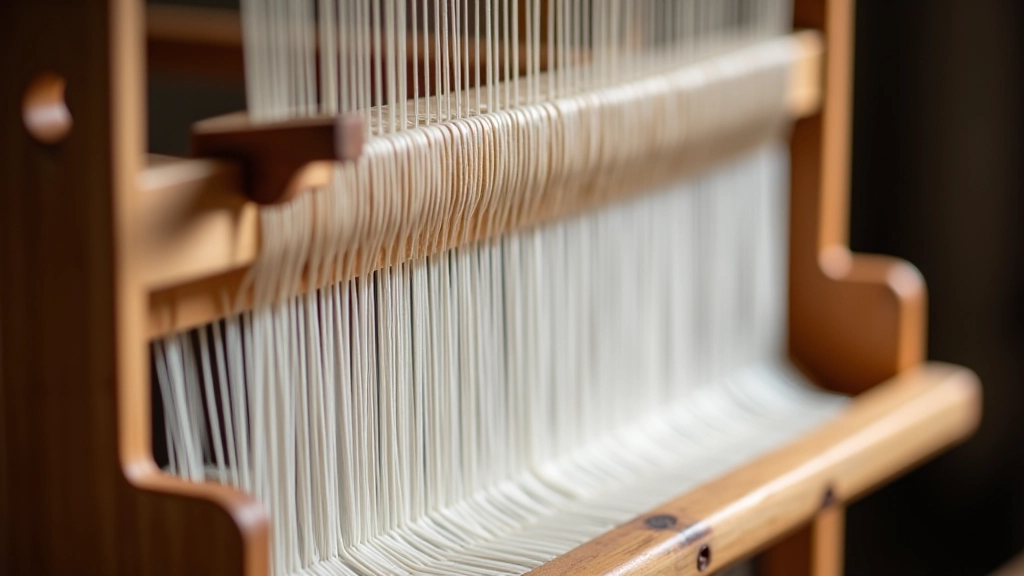 Close-up of traditional wooden loom with white warp threads stretched vertically, showing the warp beam and heddle system
