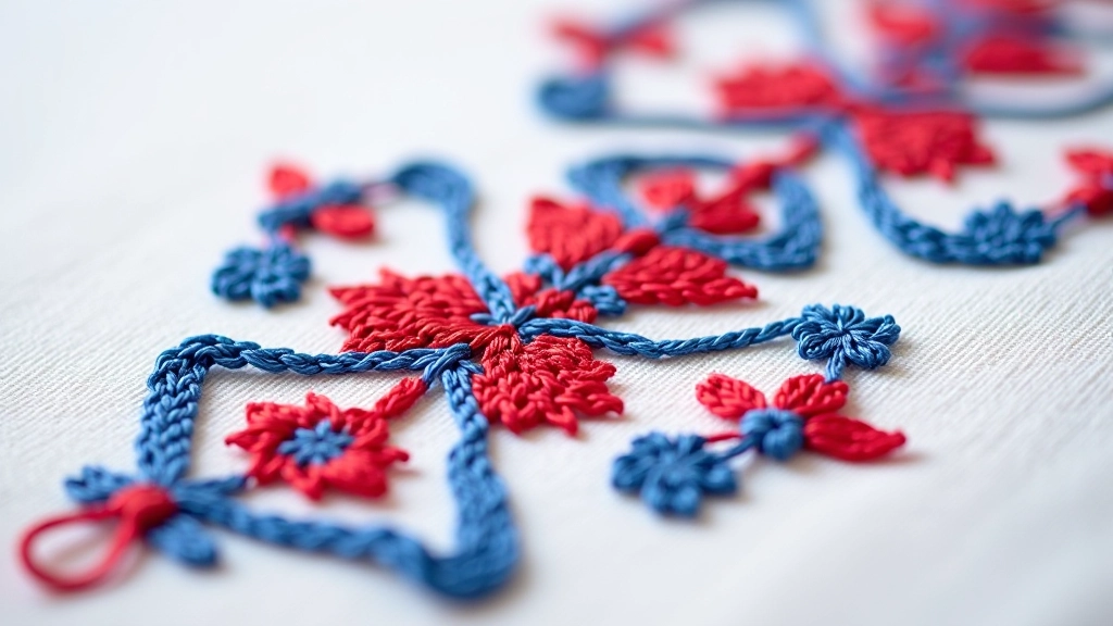 Close-up detail of red and blue cross-stitch embroidery pattern on white linen fabric showing traditional geometric design