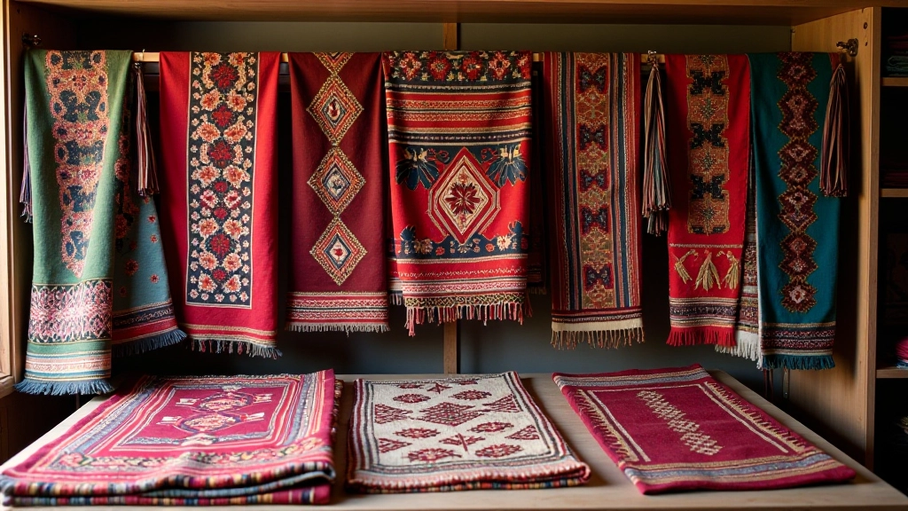 Workshop setting with finished textile pieces displayed, showing traditional sashes, aprons, and decorative bands with intricate folk patterns