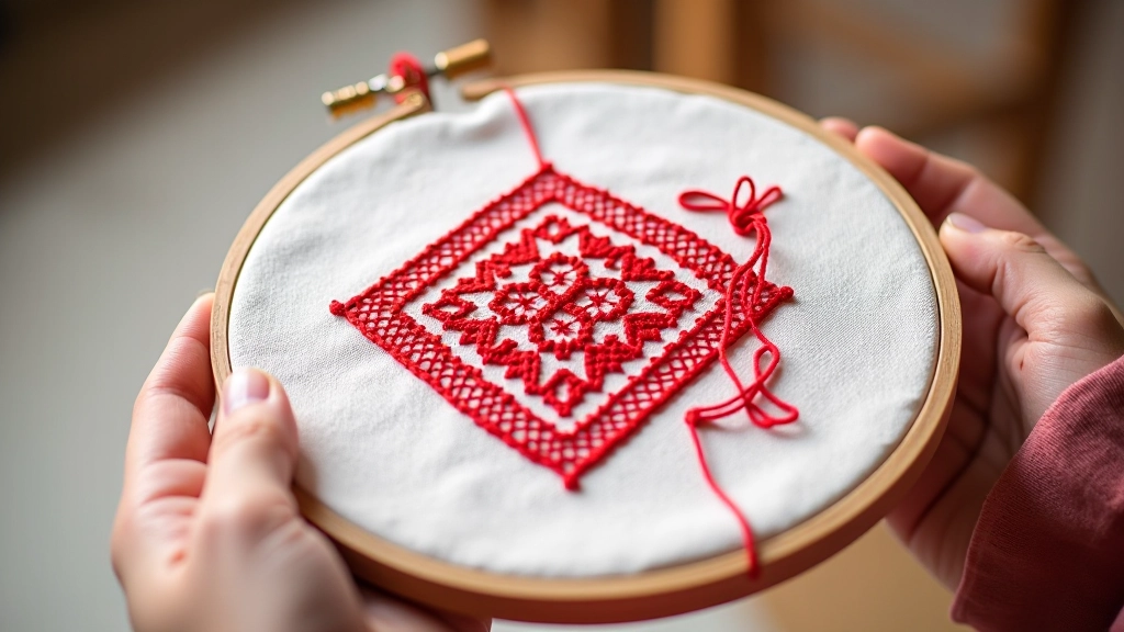 Embroidery hoop showing step-by-step progression of stitching a traditional Lithuanian diamond pattern with red thread on white linen