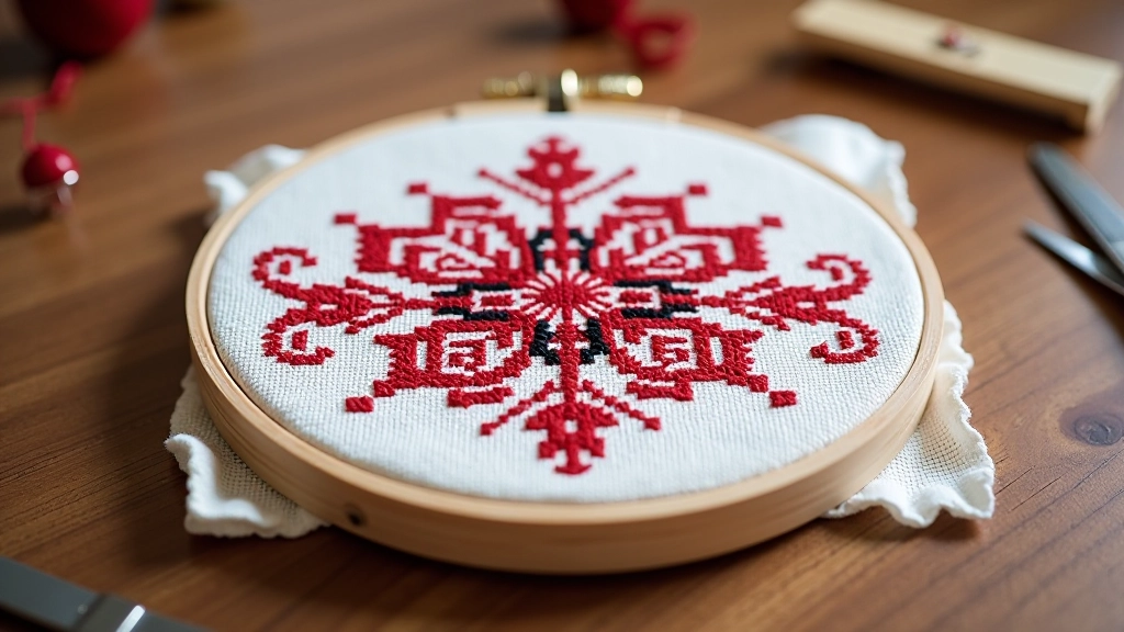 Embroidery hoop with partially completed Lithuanian folk pattern featuring cross-stitch work in red and black thread
