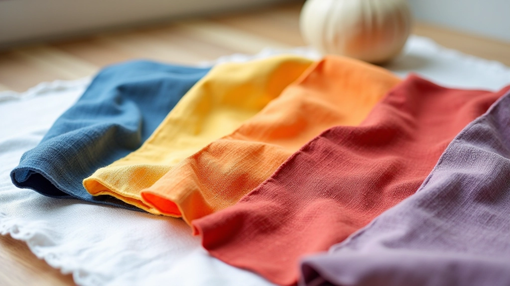 Collection of finished fabric swatches displaying natural dye colors ranging from deep indigo blue to golden yellow, rust orange, and burgundy red