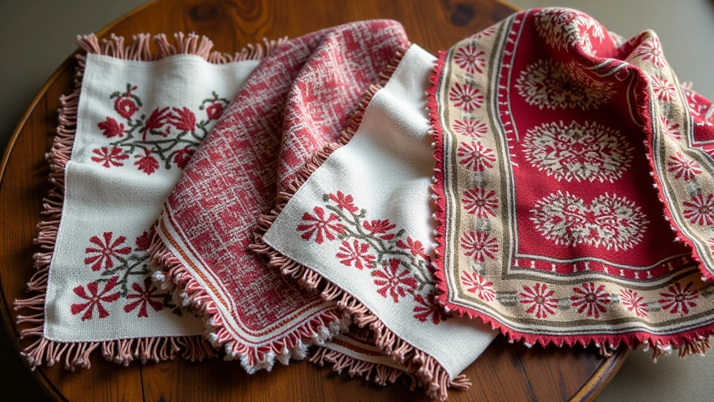 Variety of finished textile samples displayed, showing different edge treatments including fringe, binding, rolled hems, and decorative borders in various stages