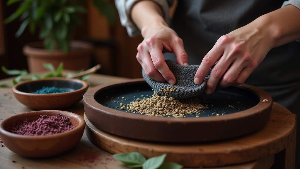 Hands working with natural plant dyes in ceramic bowls, creating rich earth tones and vibrant colors for textile dyeing