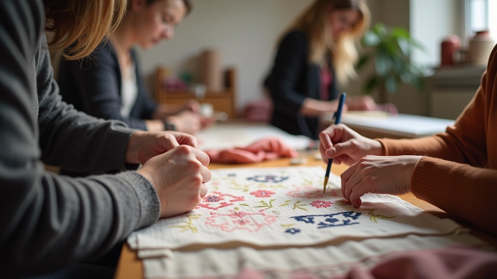 Students engaged in hands-on textile embroidery and weaving workshop with traditional Lithuanian patterns