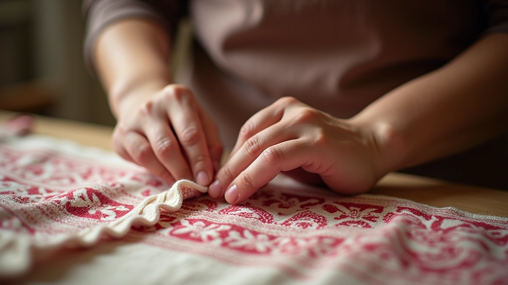 Close-up of hands carefully trimming and securing finished edges of woven textile with traditional methods, showing detailed craftsmanship and precision