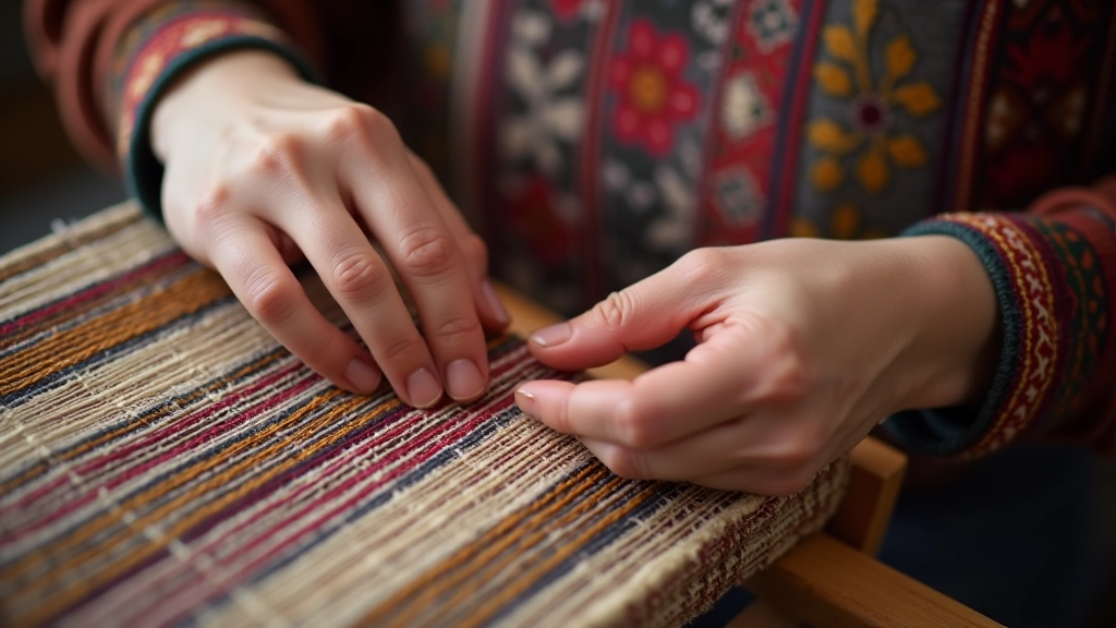 Hands working on a weaving loom with colored threads, demonstrating proper hand positioning and tension during the weaving process