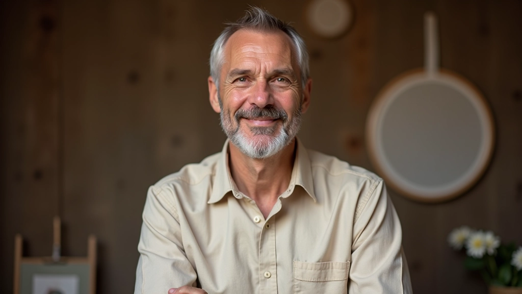 Headshot of Vytautas Baksys, embroidery specialist, with focused expression in well-lit studio environment