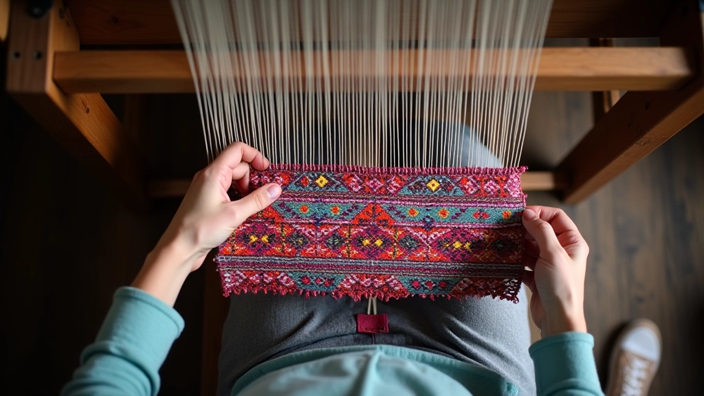 Overhead view of weaving loom in progress with multiple colored weft threads creating a geometric pattern, showing the shuttle and warp organization