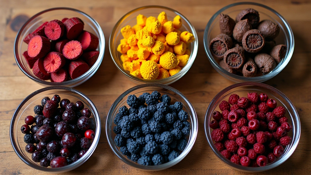 Array of natural plant materials used for dyeing including madder root, weld flowers, indigo leaves, and cochineal insects arranged in glass bowls