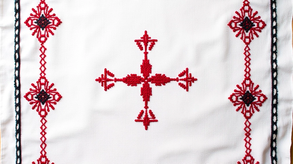 Traditional Lithuanian embroidered textile displaying symbolic blessing square pattern with central cross and corner diamonds in vibrant thread colors