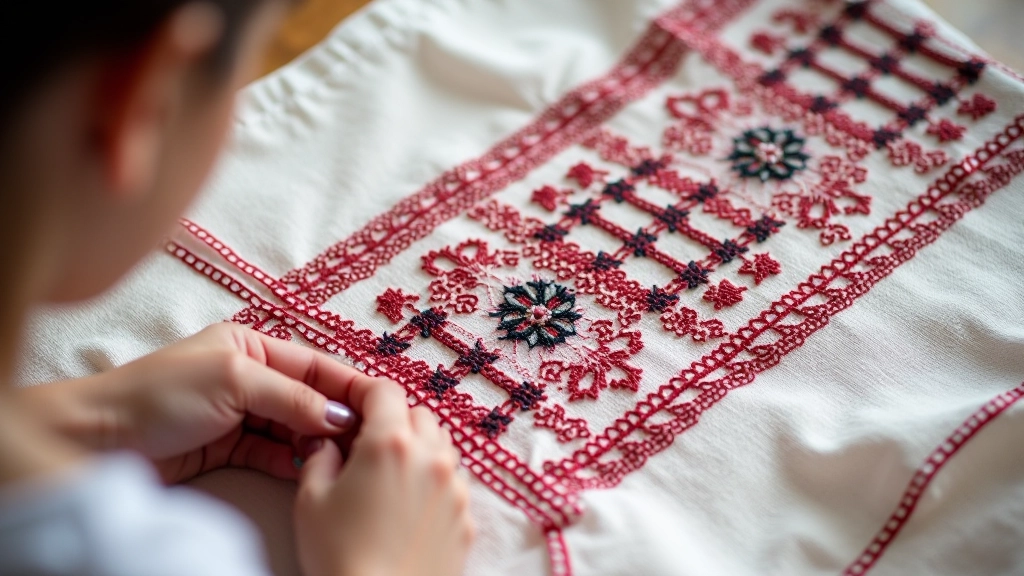 Close-up of traditional Lithuanian embroidered textile showing geometric cross-stitch patterns in red, white, and black thread on linen fabric