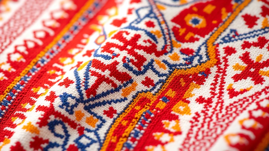 Colorful hand-woven textile with traditional Lithuanian geometric patterns and bright red, blue, and yellow threads