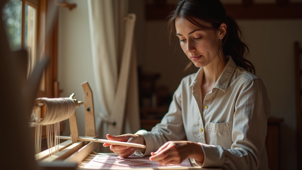 Woman working on traditional Lithuanian weaving loom with colorful threads and wooden frame in bright studio
