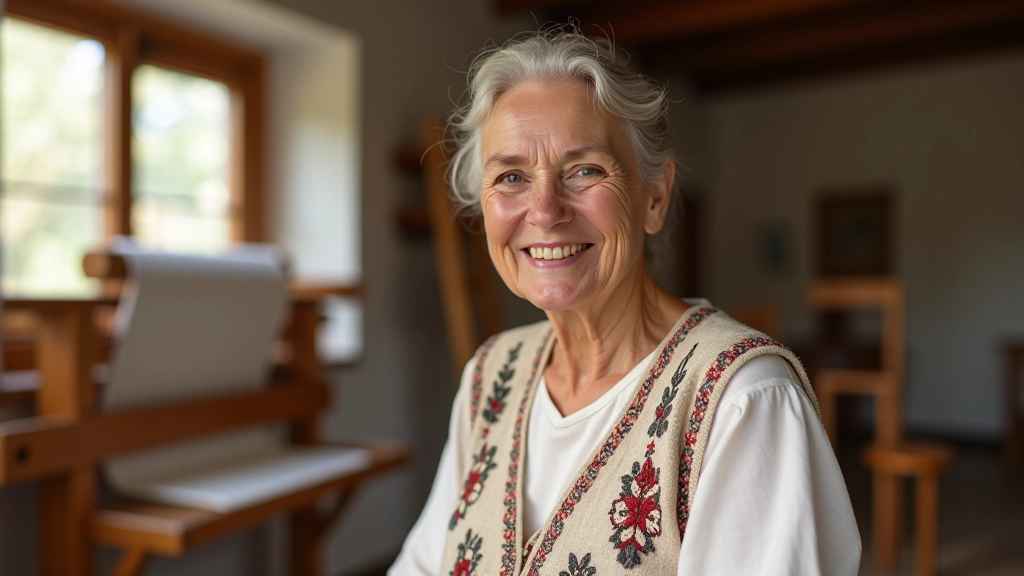 Portrait of Laima Kazlauskas, textile master with warm expression in her workshop studio setting